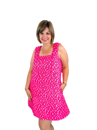 Hot Pink Leopard Jacquard Bow-Shoulder Dress - SLS Wares