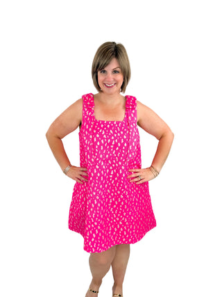 Hot Pink Leopard Jacquard Bow-Shoulder Dress - SLS Wares
