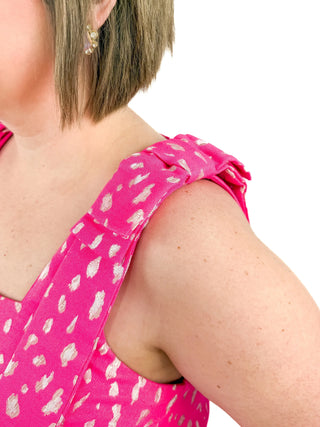 Hot Pink Leopard Jacquard Bow-Shoulder Dress - SLS Wares