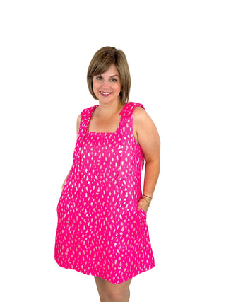 Hot Pink Leopard Jacquard Bow-Shoulder Dress - SLS Wares