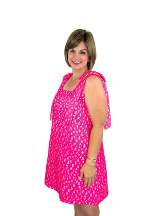 Hot Pink Leopard Jacquard Bow-Shoulder Dress - SLS Wares