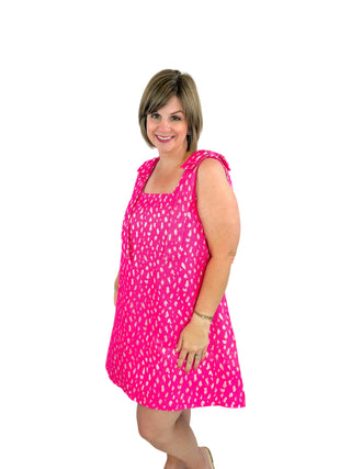 Hot Pink Leopard Jacquard Bow-Shoulder Dress - SLS Wares
