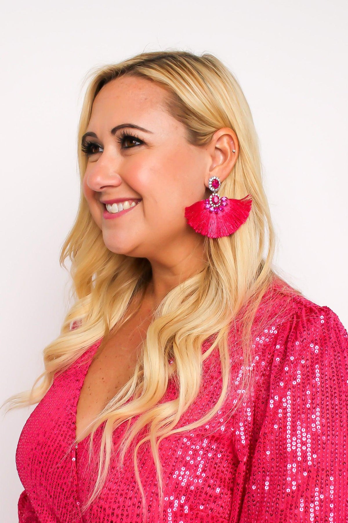 Hot Pink Rhinestone Fringe Earrings - SLS Wares