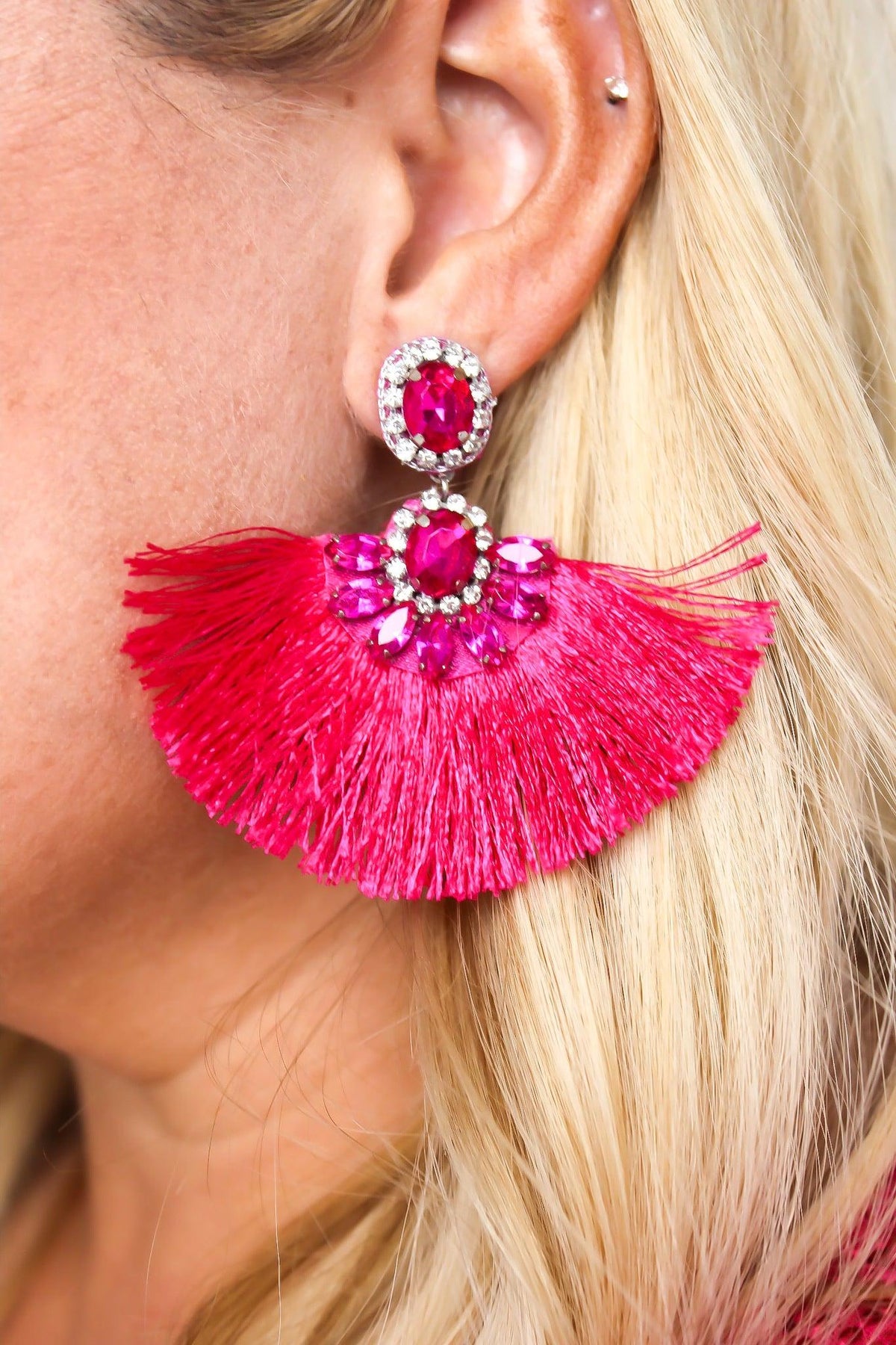 Hot Pink Rhinestone Fringe Earrings - SLS Wares