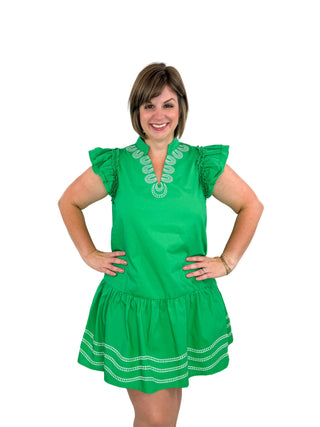 Kelly Green Embroidered Drop Waist Ruffle Dress - SLS Wares