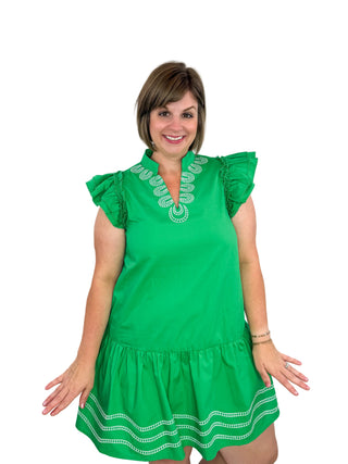 Kelly Green Embroidered Drop Waist Ruffle Dress - SLS Wares