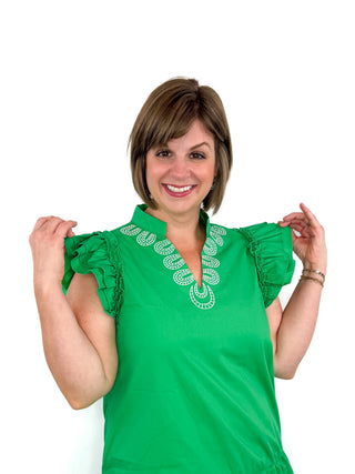Kelly Green Embroidered Drop Waist Ruffle Dress - SLS Wares
