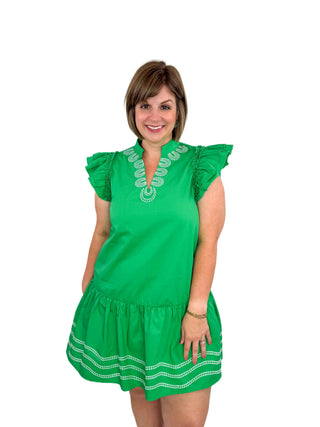 Kelly Green Embroidered Drop Waist Ruffle Dress - SLS Wares