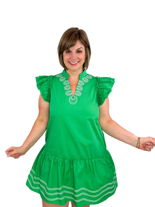 Kelly Green Embroidered Drop Waist Ruffle Dress - SLS Wares