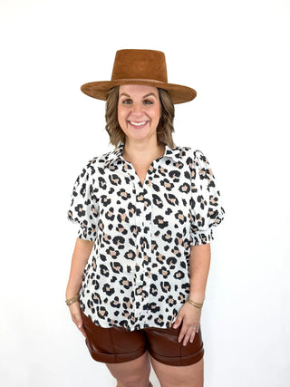 Leopard V Neck Smocked Sleeve Top - SLS Wares