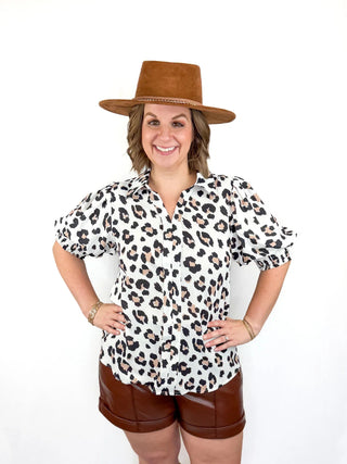 Leopard V Neck Smocked Sleeve Top - SLS Wares