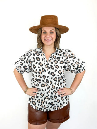 Leopard V Neck Smocked Sleeve Top - SLS Wares