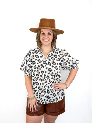Leopard V Neck Smocked Sleeve Top - SLS Wares