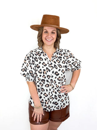 Leopard V Neck Smocked Sleeve Top - SLS Wares