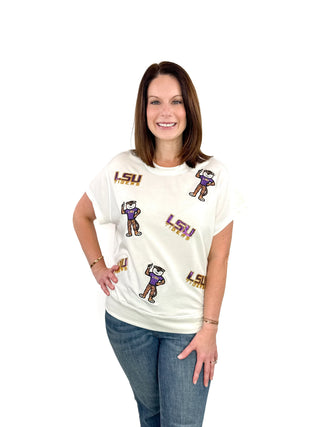 LSU Sequin Logo & Mike the Tiger Icon Top - SLS Wares