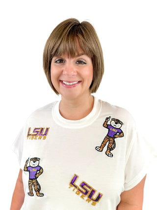 LSU Sequin Logo & Mike the Tiger Icon Top - SLS Wares
