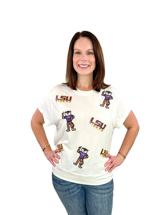 LSU Sequin Logo & Mike the Tiger Icon Top - SLS Wares