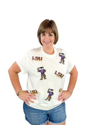 LSU Sequin Logo & Mike the Tiger Icon Top - SLS Wares