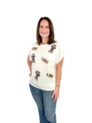 LSU Sequin Logo & Mike the Tiger Icon Top - SLS Wares