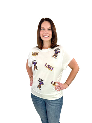 LSU Sequin Logo & Mike the Tiger Icon Top - SLS Wares