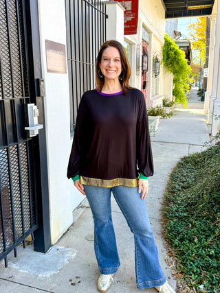 Mardi Gras Black Balloon Sleeve Top