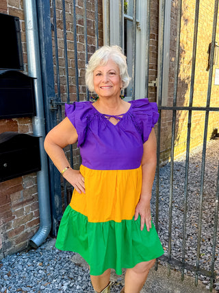 Mardi Gras Flutter Sleeve Tiered Dress