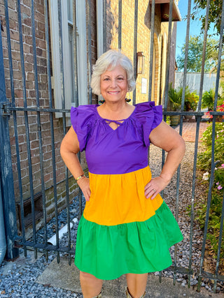 Mardi Gras Flutter Sleeve Tiered Dress