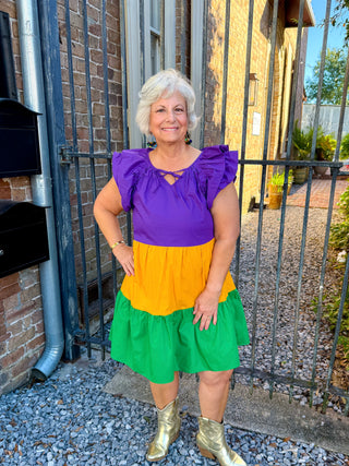 Mardi Gras Flutter Sleeve Tiered Dress