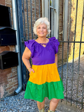 Mardi Gras Flutter Sleeve Tiered Dress