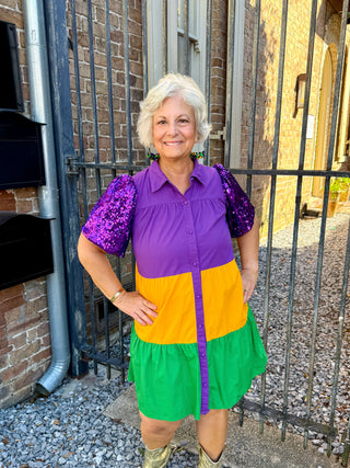 Mardi Gras Sequin Puff Sleeve Color Block Dress