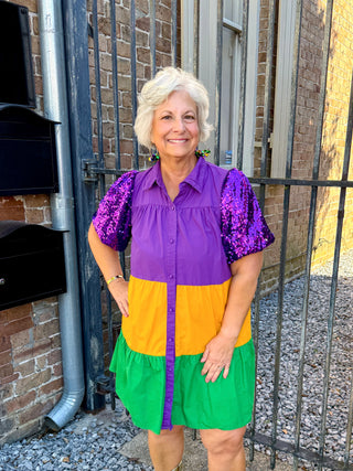 Mardi Gras Sequin Puff Sleeve Color Block Dress