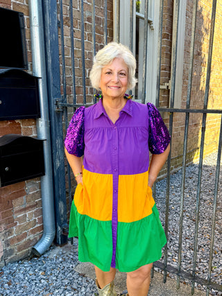 Mardi Gras Sequin Puff Sleeve Color Block Dress