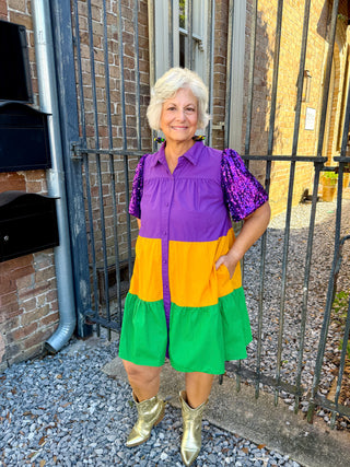 Mardi Gras Sequin Puff Sleeve Color Block Dress
