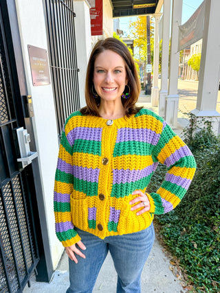 Mardi Gras Striped Ribbed Cardigan