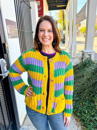 Mardi Gras Striped Ribbed Cardigan