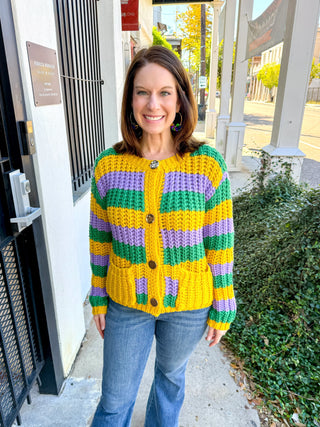 Mardi Gras Striped Ribbed Cardigan
