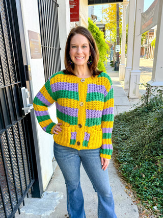 Mardi Gras Striped Ribbed Cardigan