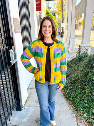 Mardi Gras Striped Ribbed Cardigan