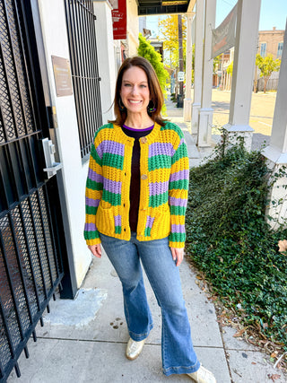 Mardi Gras Striped Ribbed Cardigan