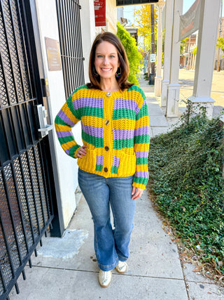 Mardi Gras Striped Ribbed Cardigan