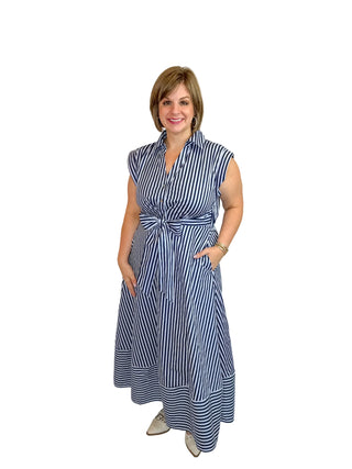 Navy & Light Blue Stripe Tie-Waist Midi Dress - SLS Wares