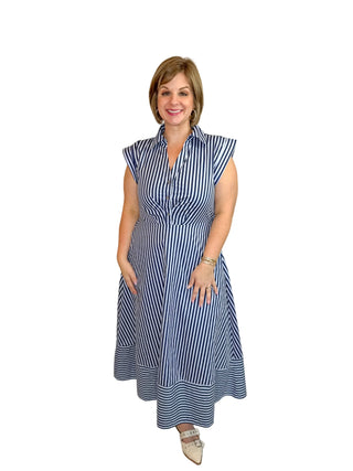 Navy & Light Blue Stripe Tie-Waist Midi Dress - SLS Wares