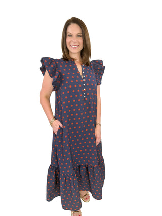 Navy & Rust Polka Dot Ruffle Maxi Dress - SLS Wares
