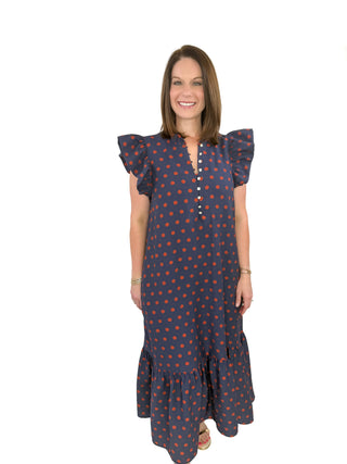 Navy & Rust Polka Dot Ruffle Maxi Dress - SLS Wares