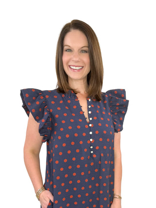 Navy & Rust Polka Dot Ruffle Maxi Dress - SLS Wares