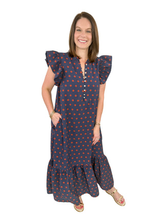 Navy & Rust Polka Dot Ruffle Maxi Dress - SLS Wares