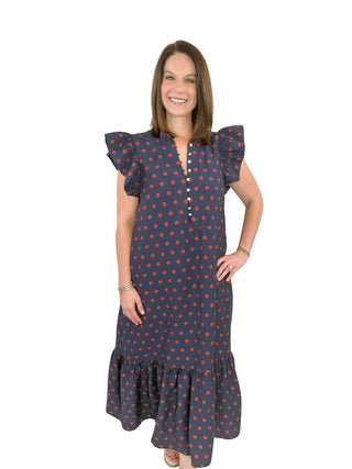 Navy & Rust Polka Dot Ruffle Maxi Dress - SLS Wares