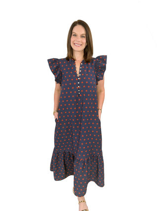 Navy & Rust Polka Dot Ruffle Maxi Dress - SLS Wares