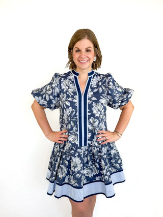 Navy Floral Puff Sleeve Dress - SLS Wares