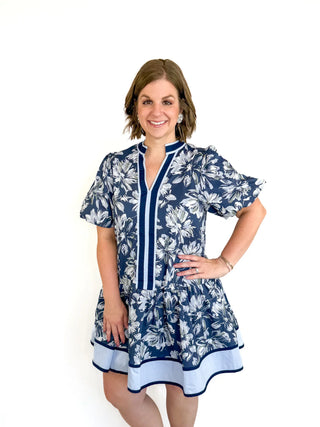 Navy Floral Puff Sleeve Dress - SLS Wares